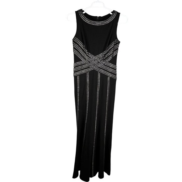 Tadashi Shoji Women M Tall Black Evening Gown Silver Beaded Elegant Jersey Dress - Picture 15 of 16
